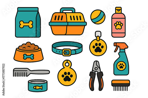 Colorful collection of essential pet care supplies accessories food carrier collar and grooming tools