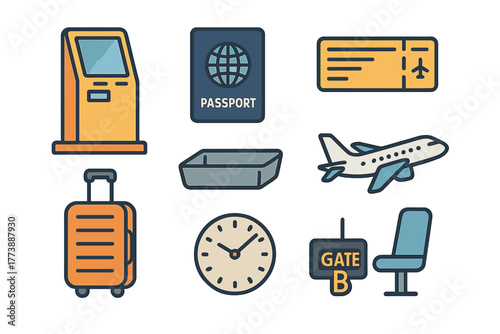 Collection of essential airport and air travel symbols including passport boarding pass and airplane