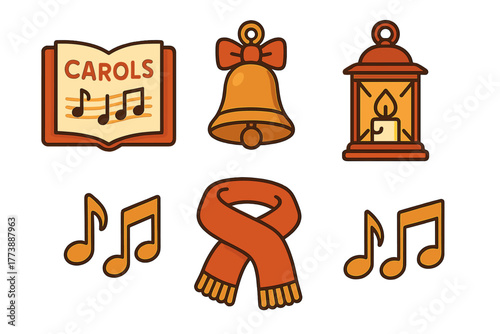 Festive Christmas symbols: carol book, decorative bell, glowing lantern, warm scarf, and musical notes