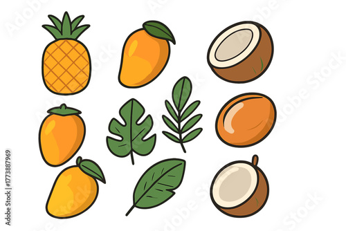 Colorful set of tropical fruits and exotic leaves including pineapple mango and coconut