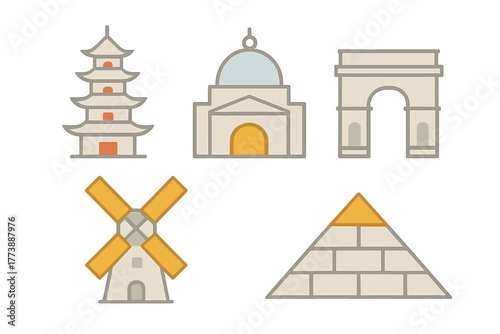 Famous global travel destinations and historical architectural landmarks in simplified flat design