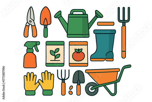 Collection of essential garden equipment and supplies including watering can, boots, gloves, and hand tools
