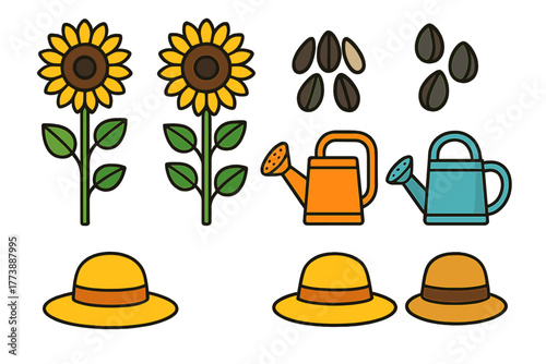 Gardening and summer objects set featuring sunflowers, watering cans, straw hats, and seeds
