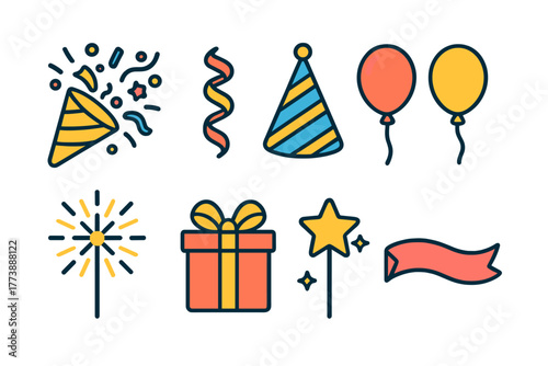 Festive celebration elements including party hat, gift box, balloons, sparkler, and confetti popper
