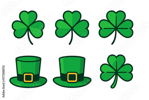 Set of green shamrock clover leaves and leprechaun top hats for St Patrick's Day holiday design