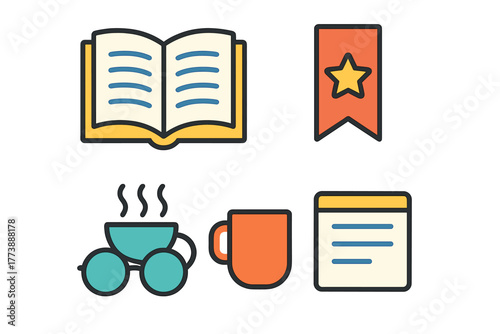 Flat design symbols for reading, studying, and relaxation: book, bookmark, glasses, and hot drink