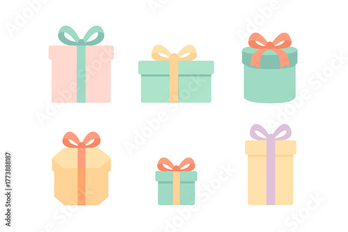 Six pastel colored gift boxes with ribbons for holidays and celebrations