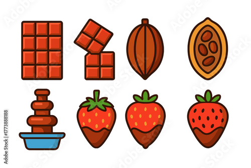 Set of chocolate bar pieces, cocoa pods, fondue fountain, and dipped strawberries