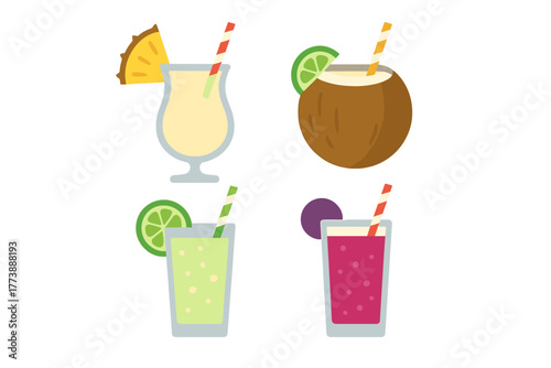 Set of refreshing tropical summer drinks including coconut cocktail and pina colada