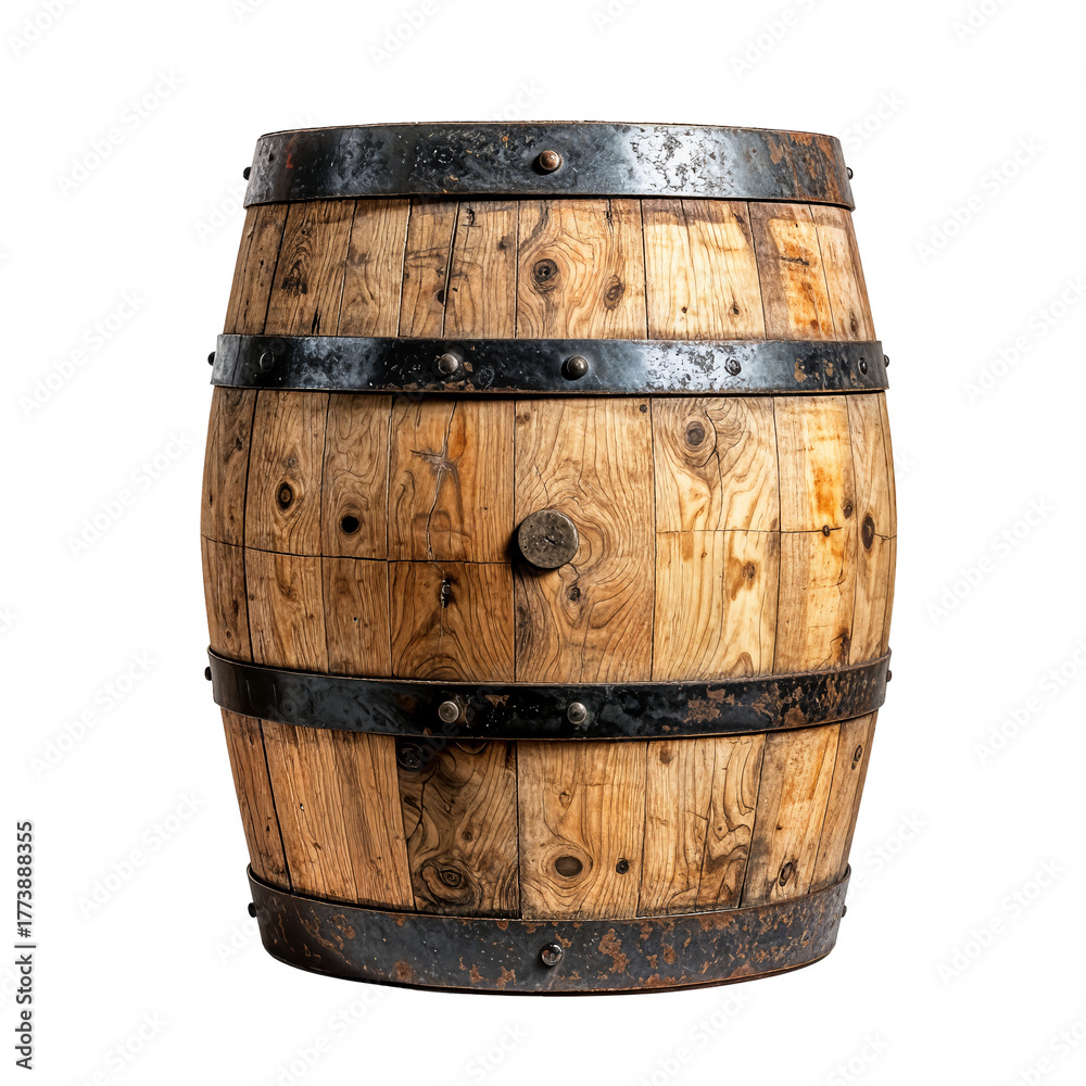 Obraz premium Vintage Wooden Barrel with Metal Hoops Standing on Isolated transparent background, Rustic Object