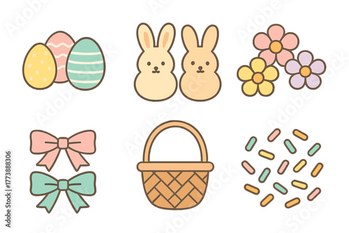 Cute pastel Easter icons featuring decorated eggs, spring bunnies, flowers, bows, and a wicker basket
