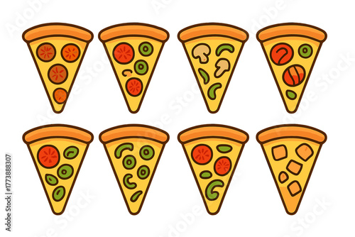 Collection of eight cartoon pizza slices with various popular toppings and different crusts