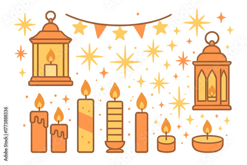 Glowing candles and traditional lanterns surrounded by sparkling stars and festive bunting decoration