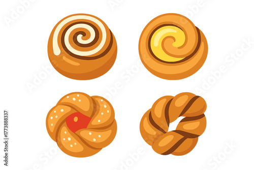 Fresh baked sweet rolls and buns assortment with various toppings and fillings