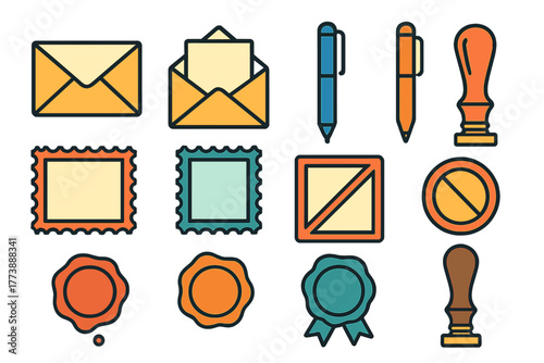 Colorful collection of postal and office icons including envelopes, stamps, pens, and wax seals