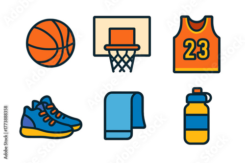 Collection of basketball equipment icons: ball, hoop, jersey, shoes, towel, and water bottle