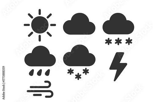 Basic weather forecast symbols set featuring sun, clouds, rain, snow, wind, and lightning