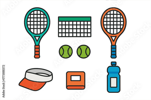 Colorful tennis sports equipment accessories including rackets balls net and visor