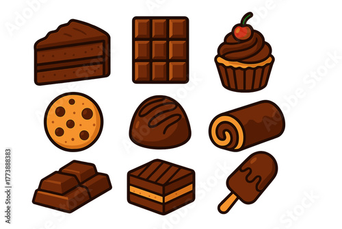 Collection of delicious chocolate desserts and sweet treats including cake, cookie, cupcake, and candy bar