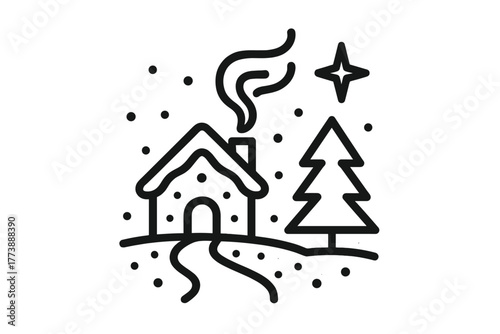Small snow-covered house with chimney smoke, evergreen tree, and falling snowflakes