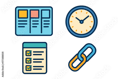 Productivity and Organization featuring Clock Kanban Board Checklist and Chain Link for Business Management