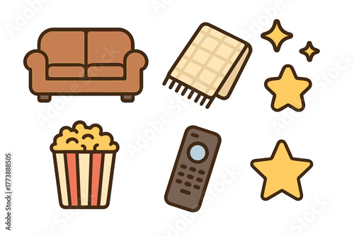 Cozy evening elements including sofa, snack, remote control, and warm blanket