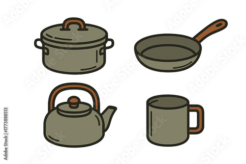 Essential camping and outdoor cooking equipment collection featuring a pot, frying pan, kettle, and mug