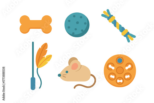 Colorful collection of pet toys including bone, ball, rope, wand, mouse, and puzzle feeder