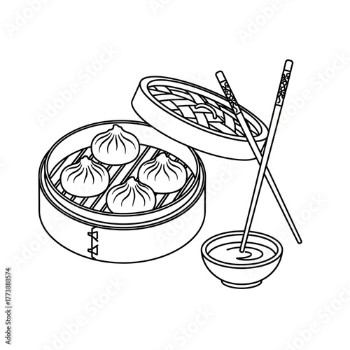 Illustration of dim sum in a bamboo steamer with chopsticks and sauce.