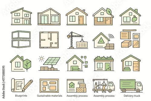 Modular House Construction Icons – Sustainable Building and Prefab Architecture Set