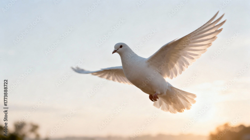 Obraz premium A single white dove flying with outstretched wings against a soft morning sky with sun rays. wildlife magazines, conservation campaigns, designed for nature documentaries and education.