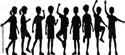 Playful silhouette group of kids on white background, black vector illustration, children dancing, posing, active movement, teamwork, friendship,