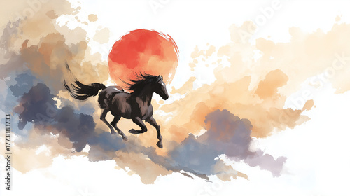 日の丸を背景に和風で描かれた馬