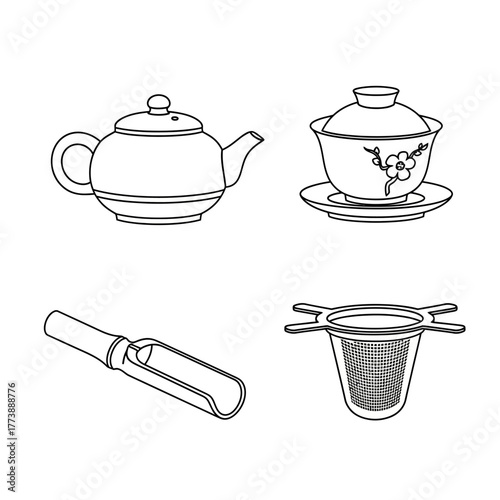 Four black and white line drawings of tea accessories on a white background.