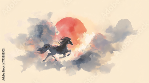 日の丸を背景に和風で描かれた馬