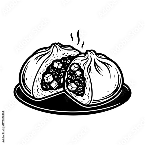A black and white line art illustration of two hot steamed buns on a plate, with one cut open to show the savory filling inside.