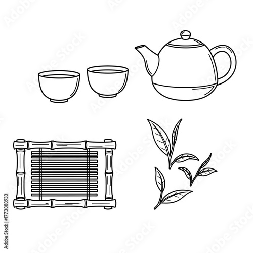 Illustration of tea set, including teapot, cups, tray, and tea leaves.