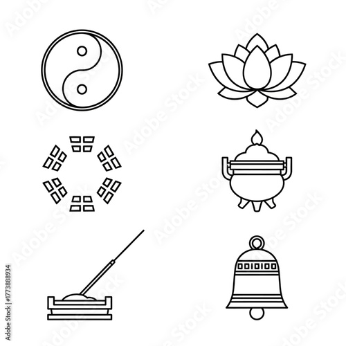 Line art illustration of religious and spiritual symbols.