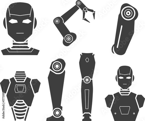 Robotic body parts vector collection, futuristic artificial intelligence robot components, mechanical arms and legs technology design, AI android anatomy illustration for automation and innovation