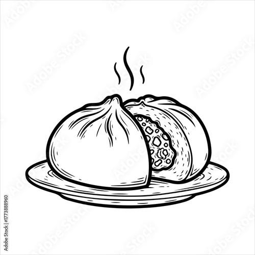 A hand-drawn black and white illustration of hot, steaming baozi buns on a plate, with one cut open to reveal the filling.