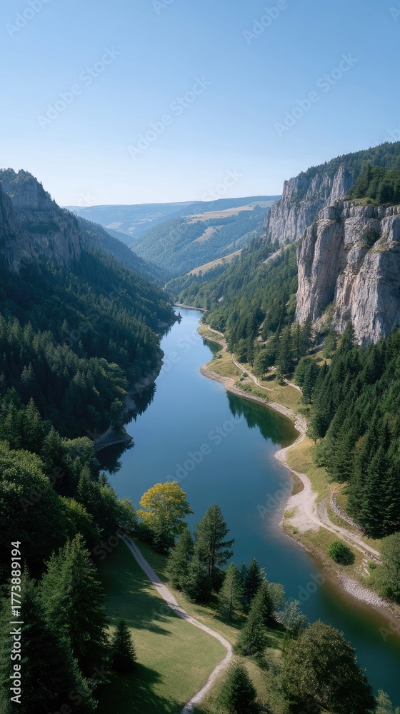 Obraz premium Expansive Aerial View of a Serene Blue Mountain Lake Winding Through a Lush Green Forested Canyon Under a Clear Bright Sky on a Sunny Day