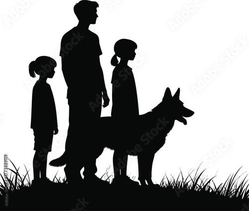 Silhouette father two daughters and dog standing in grass, outdoor family togetherness concept, black white minimalist art.
