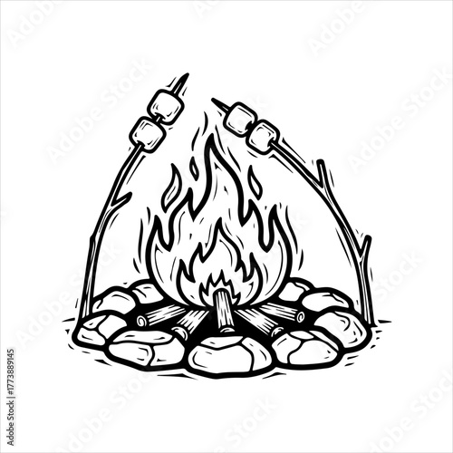 A black and white line art illustration of marshmallows being roasted on sticks over a campfire.
