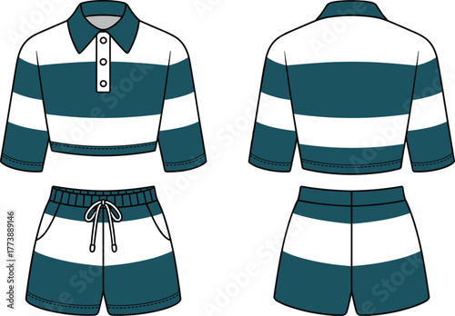 Striped polo shirt and shorts set, casual summer outfit design, cad drawing flat vector illustration