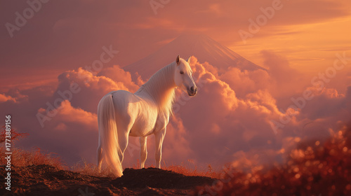 富士山を背景に朝日を浴びる白馬