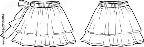 Girls layered skirt with bow detail, elastic waistband, flared hemline, stylish fashion flat, vector illustration