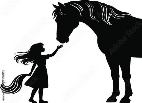 "Silhouette illustration of a girl gently touching horse, black and white isolated vector, friendship, nature, equestrian art, simplicity, trust, peaceful scene, animal bond, creative design