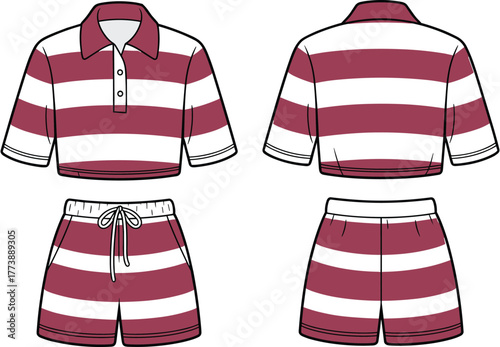 Maroon striped polo top and shorts set, casual outfit design, cad vector illustration