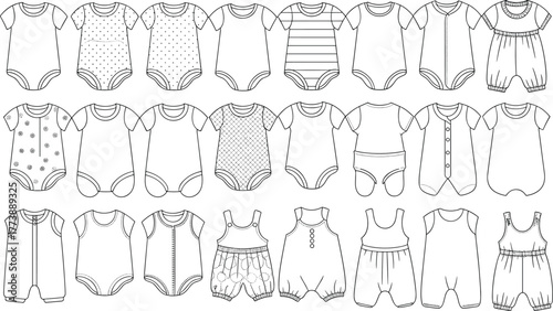 Baby onesie fashion set, vector outline bodysuit collection, newborn clothing design templates