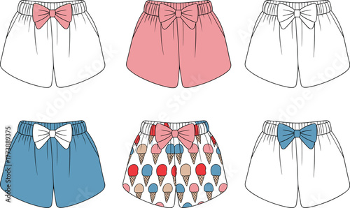 Cute ice cream shorts, bow waistband design, pastel summer loungewear fashion vector illustration